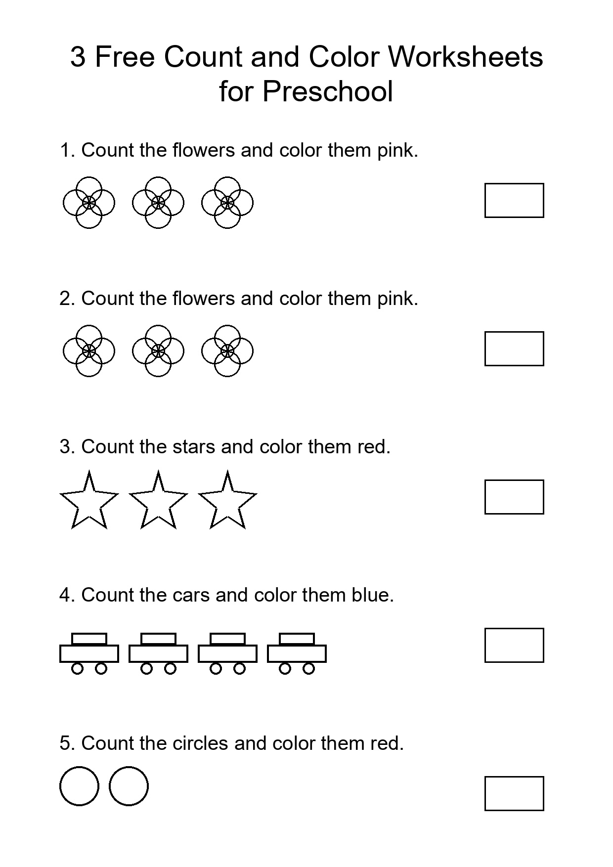 3 Free Count and Color Worksheets for Preschool