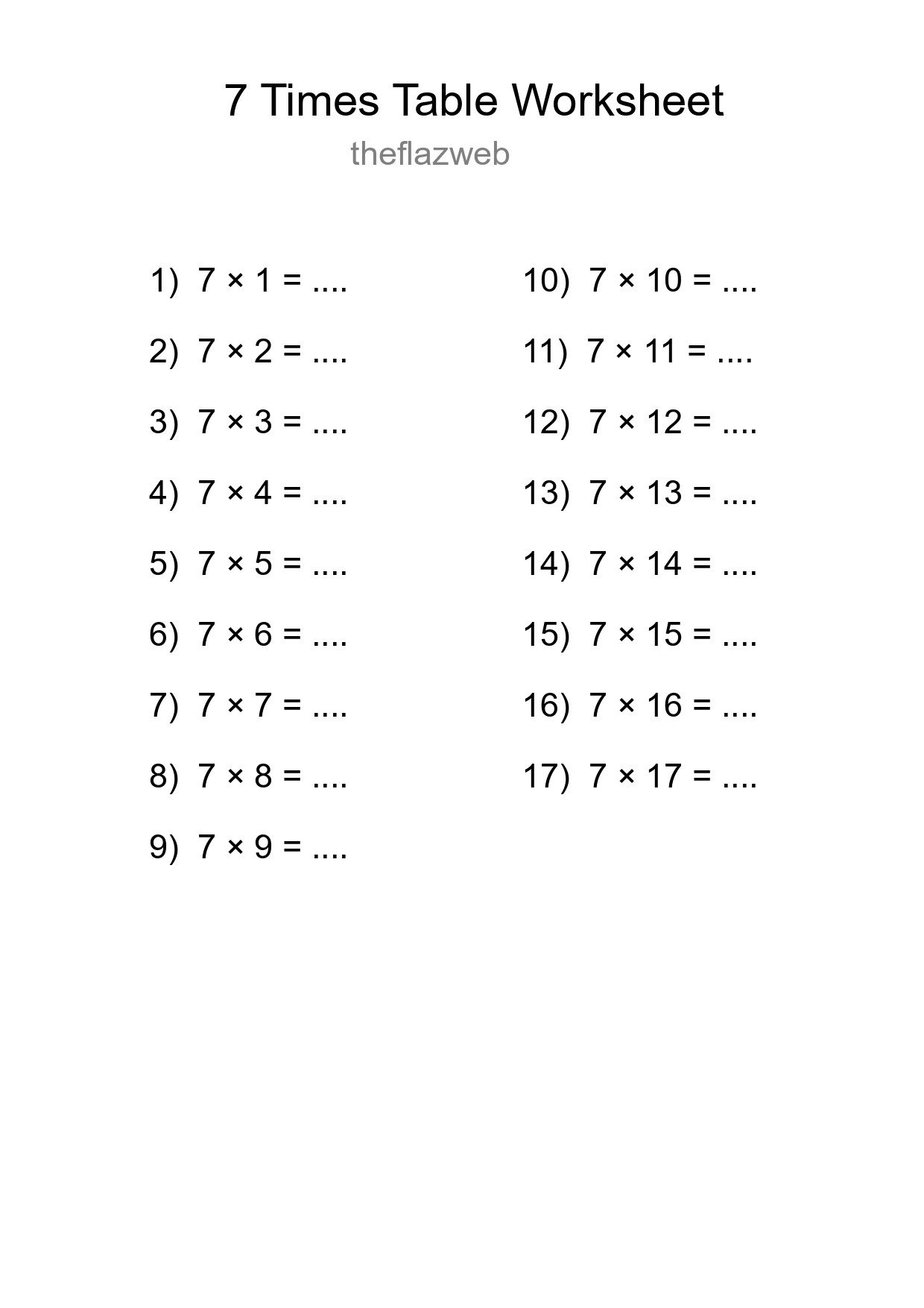 7 Times Table Worksheet For Grade 3 - Part 10