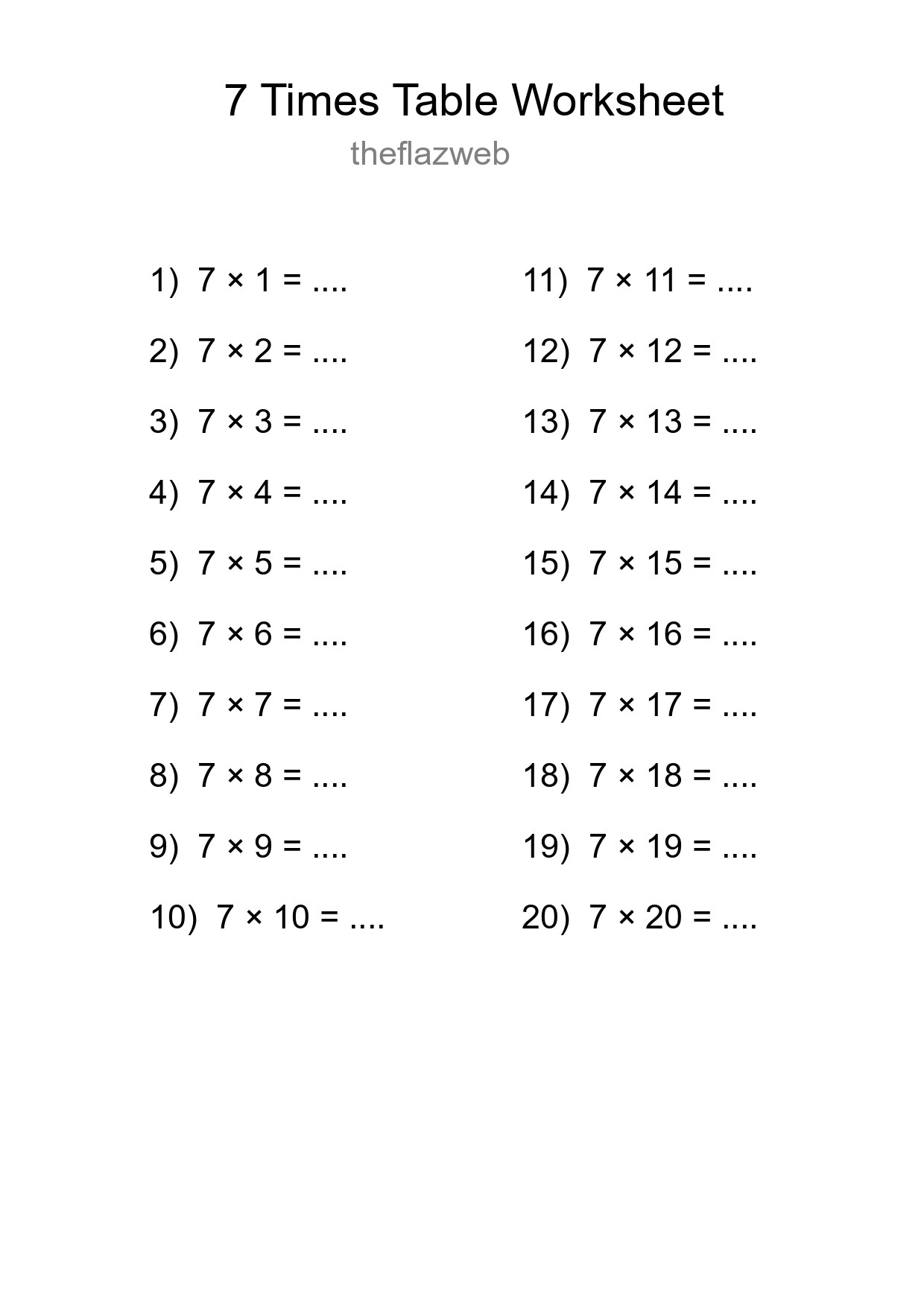 7 Times Table Worksheet For Grade 3 - Part 22