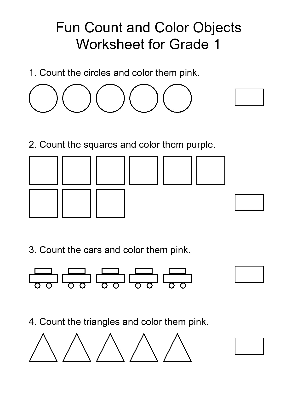 Fun Count and Color Objects Worksheet for Grade 1