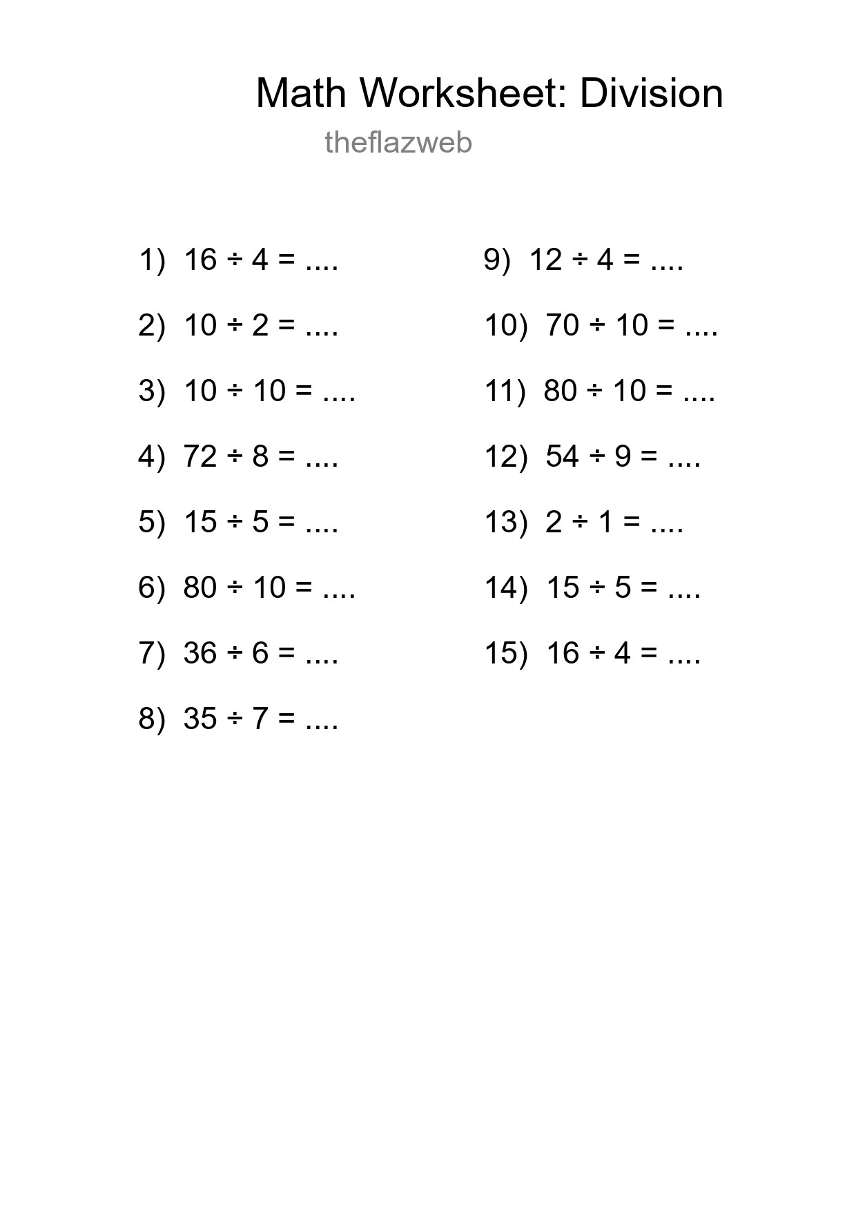 Grade 1 Division Practice Worksheet (15 Problems) - Part 28
