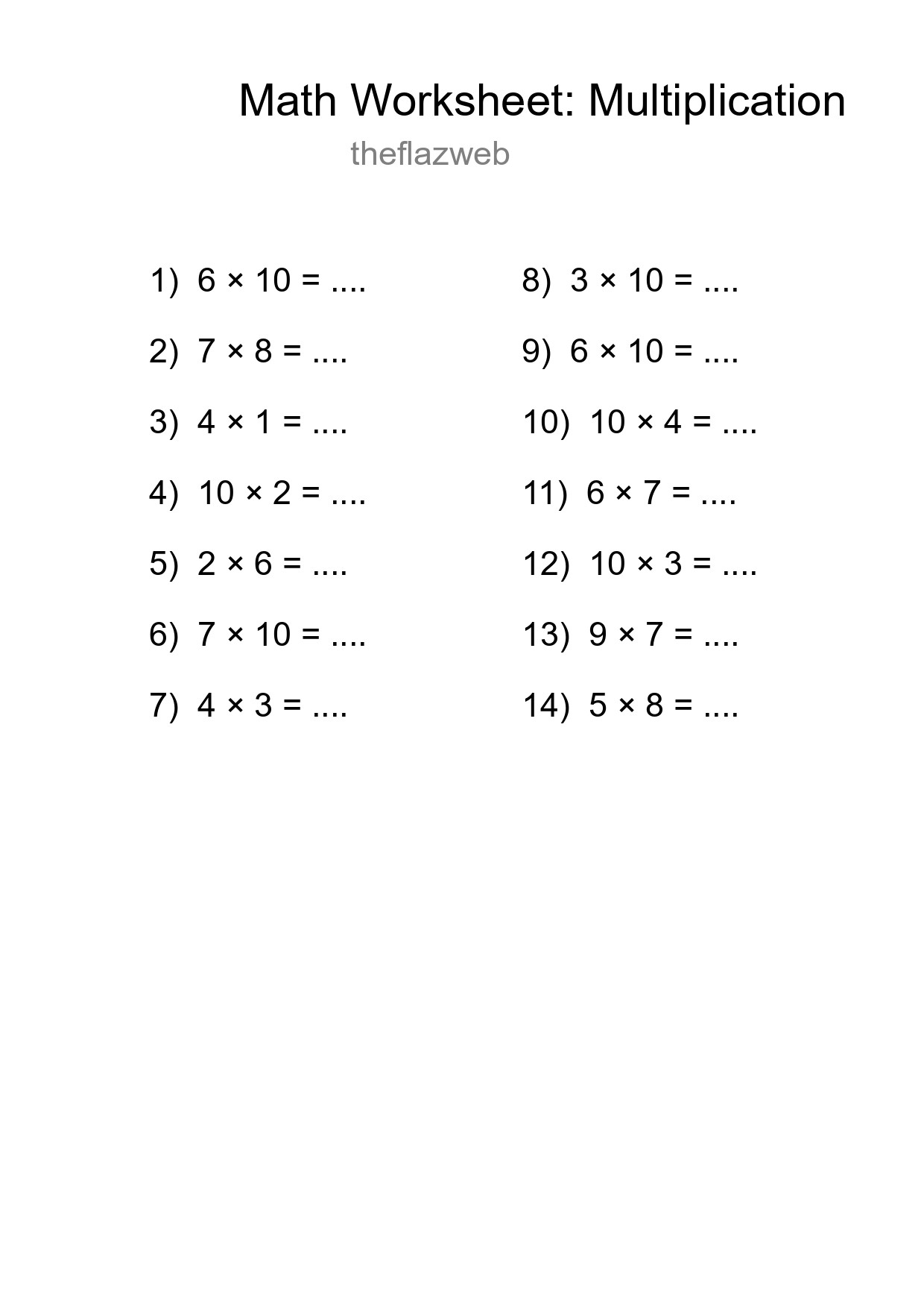 Grade 1 Multiplication Practice Worksheet (14 Problems) - Part 8