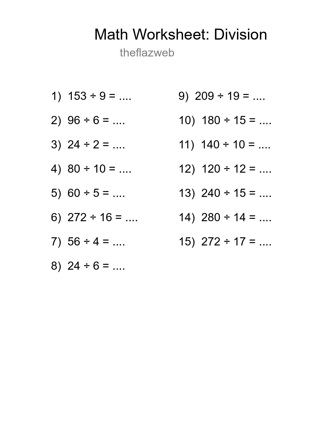 Grade 2 Division Practice Worksheet (15 Problems) - Part 4