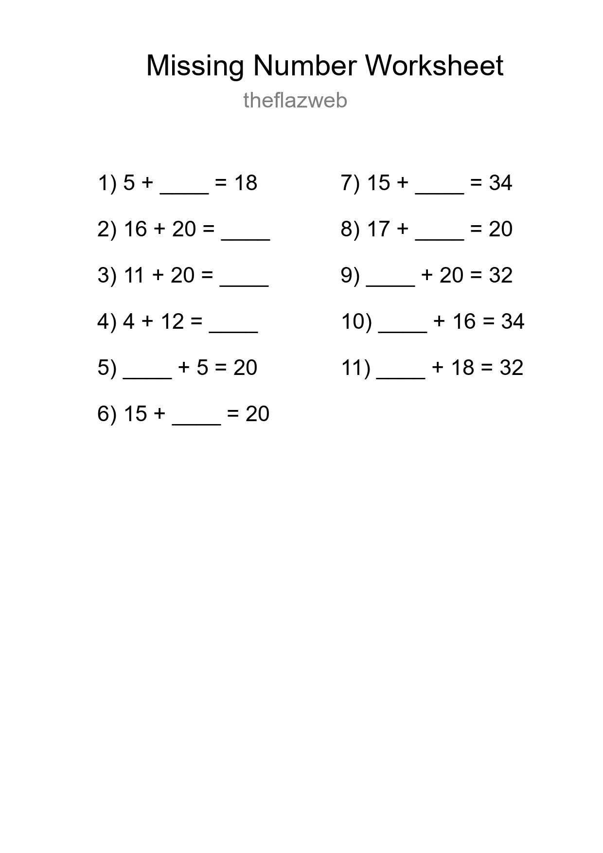 Missing Number Math Worksheet