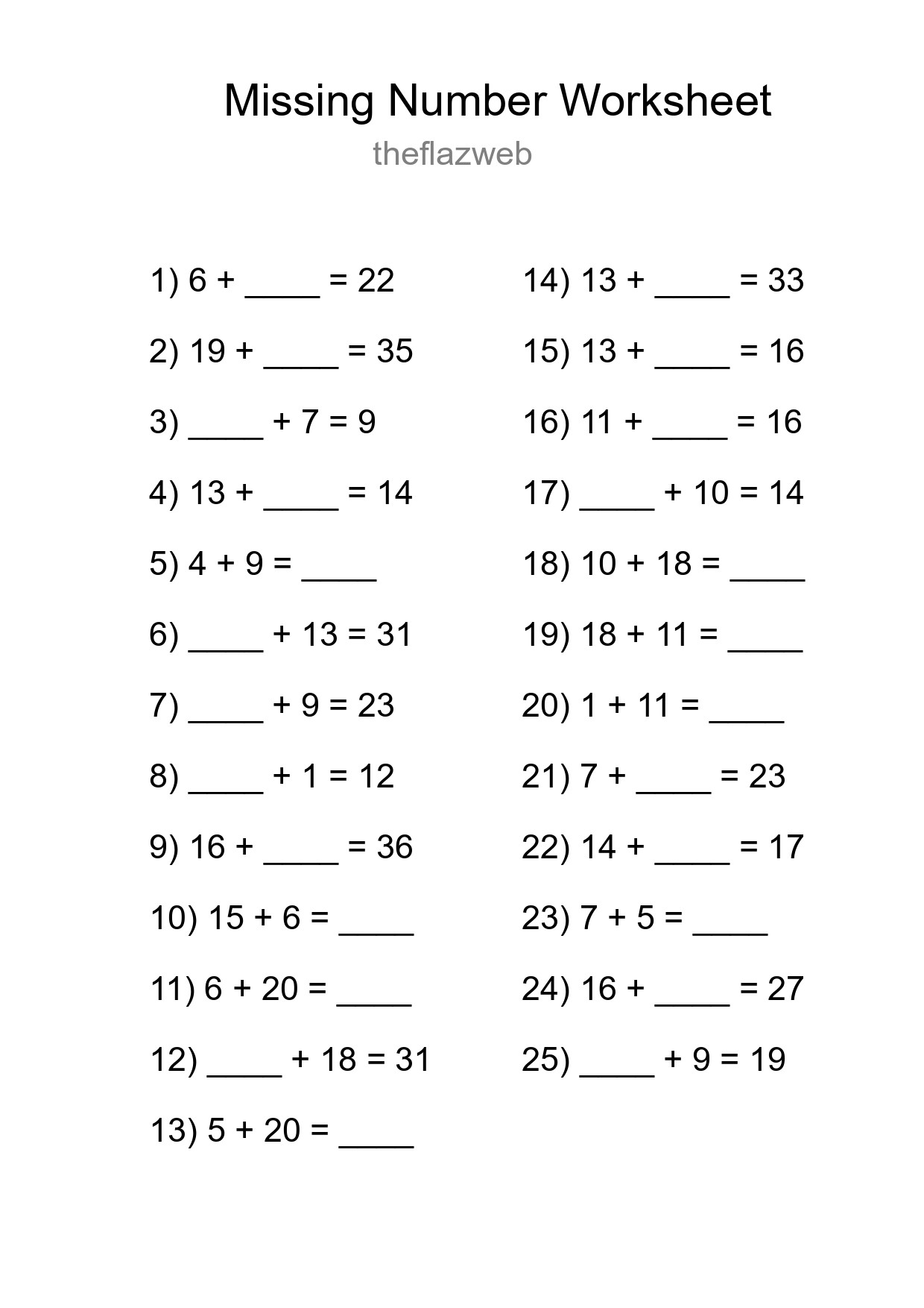 Missing Number Math Worksheet
