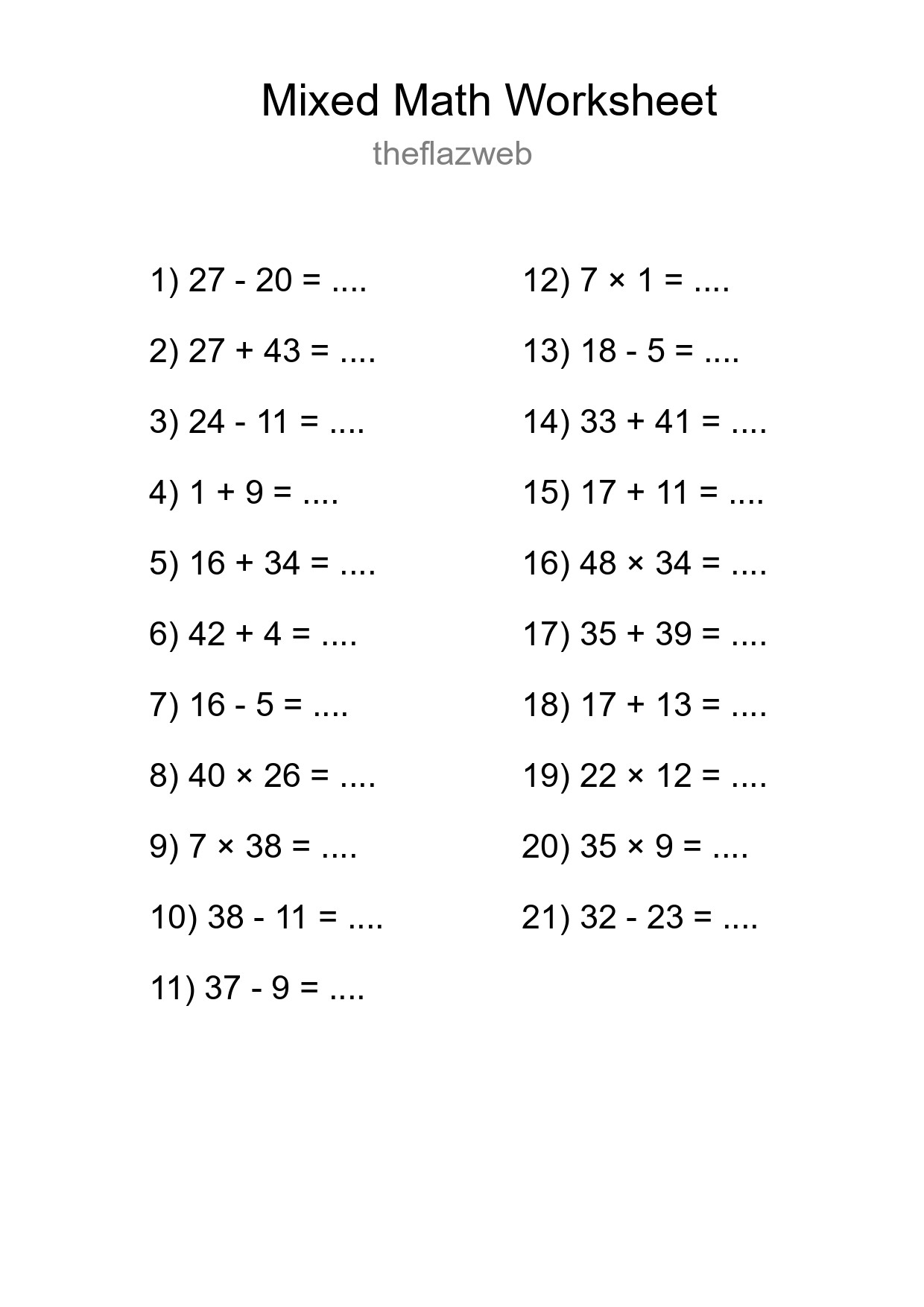 Mixed Operations Math Worksheet