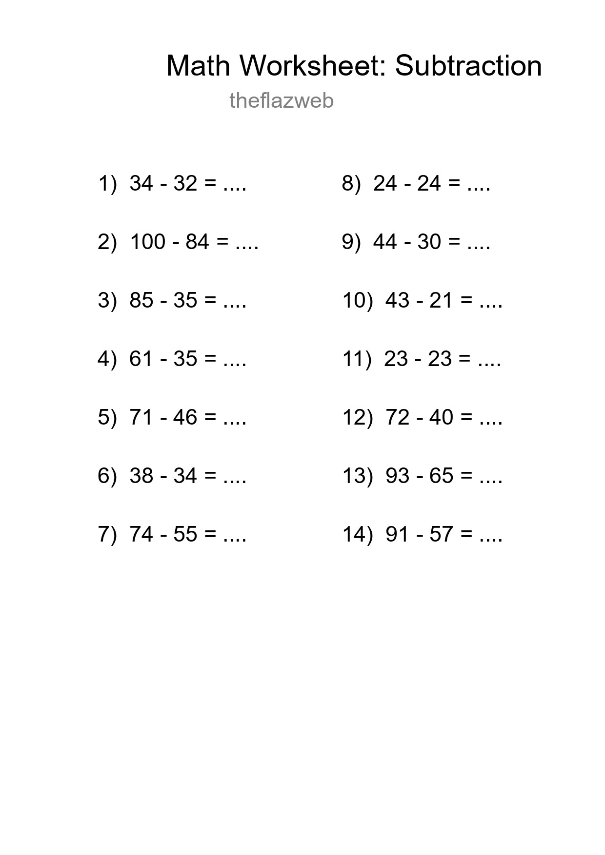 Printable Free 14 Subtraction Math Worksheet For Grade 3 - Part 21