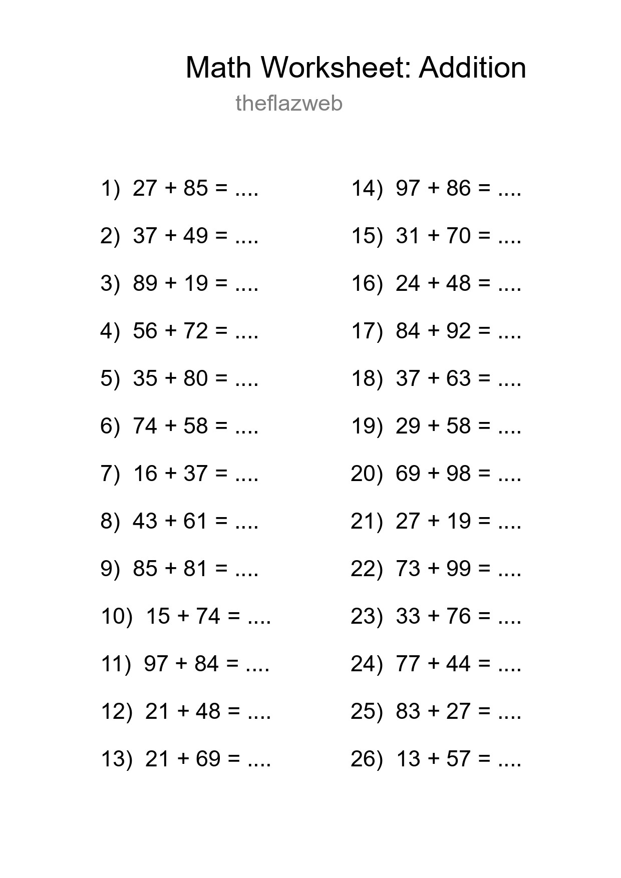 Printable Free 26 Addition Math Worksheet For Grade 3