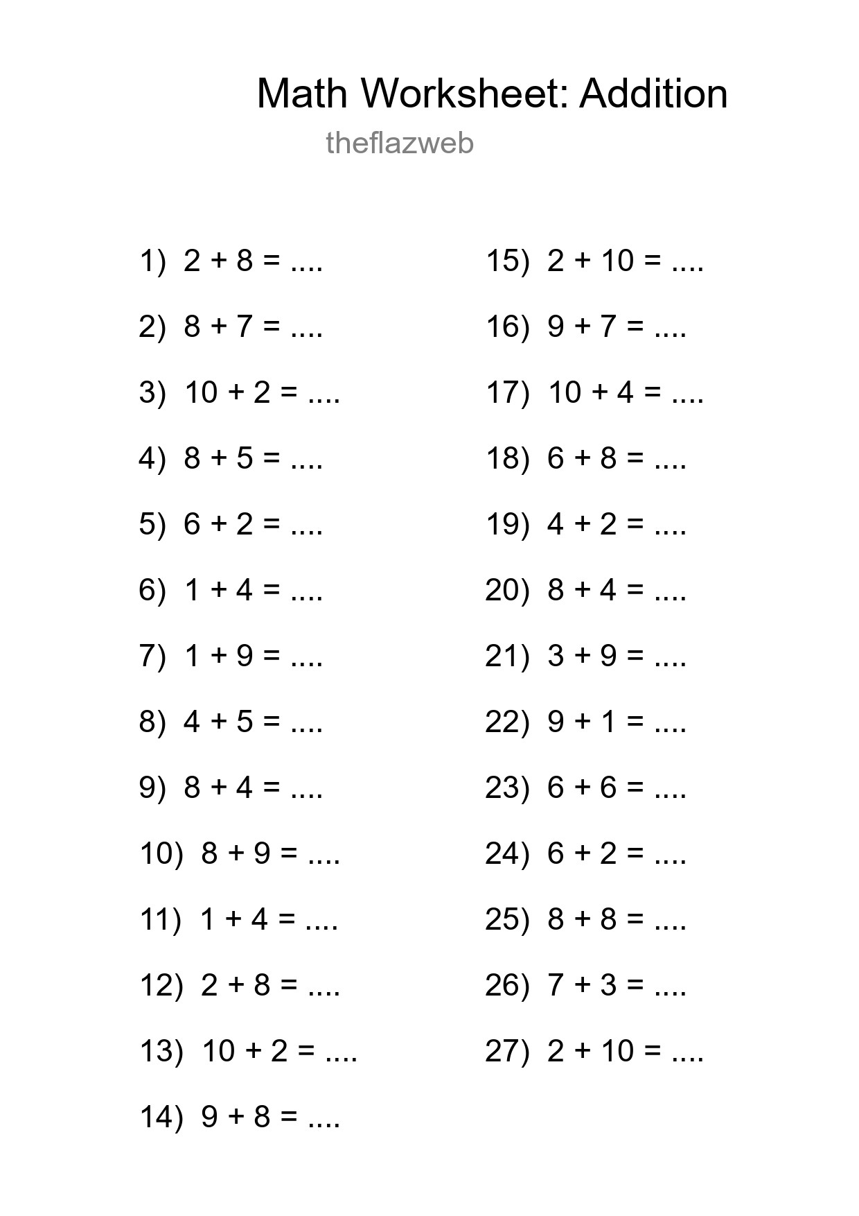 Printable Free 27 Addition Math Worksheet For Grade 1 - Part 25