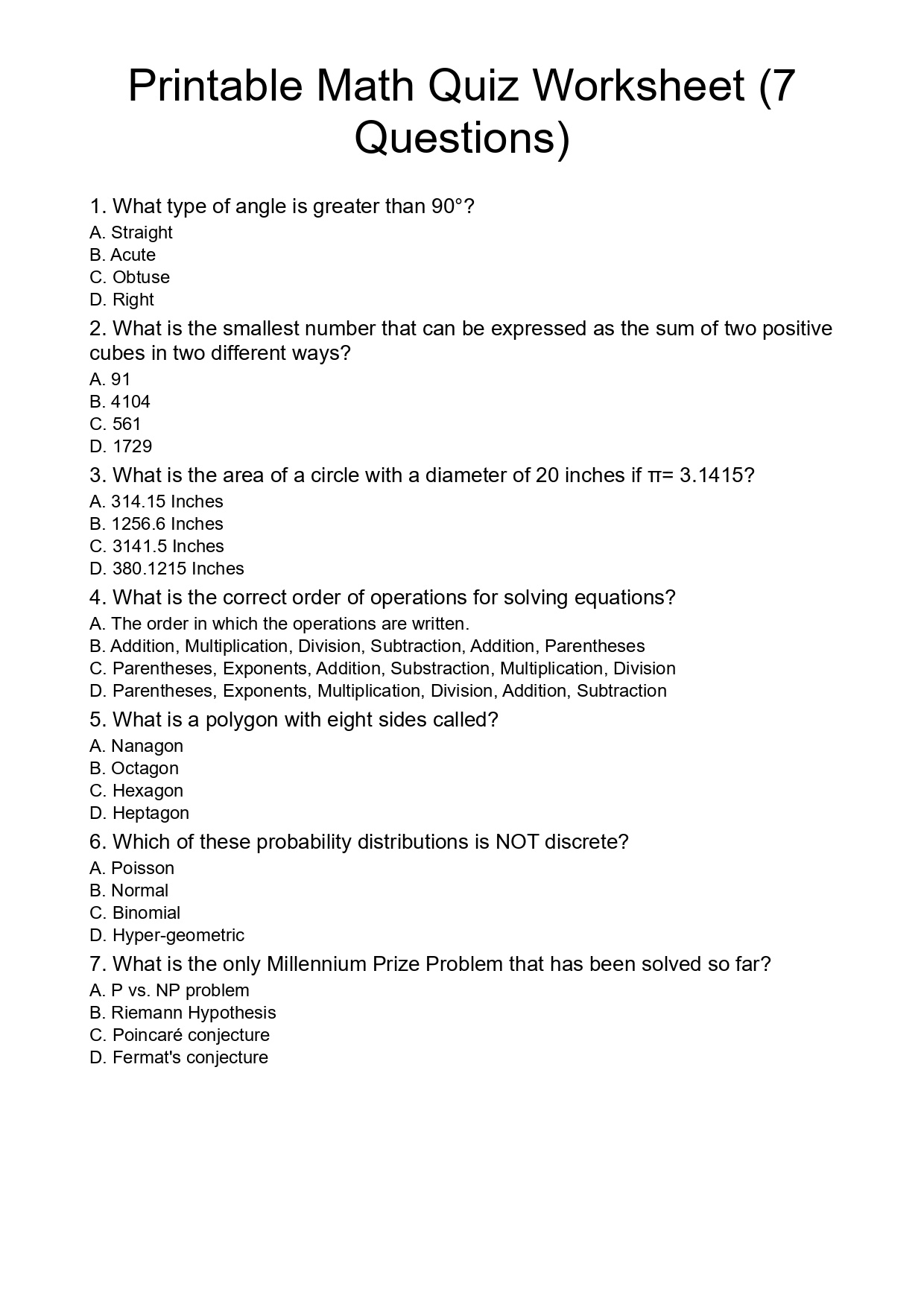 Printable Math Quiz Worksheet (7 Questions)